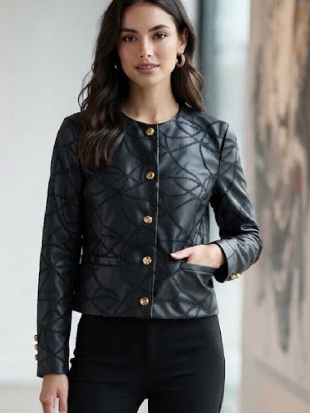 New bagatelle Black Patterned Leather Jacket with Gold Buttons size L - Picture 2 of 15